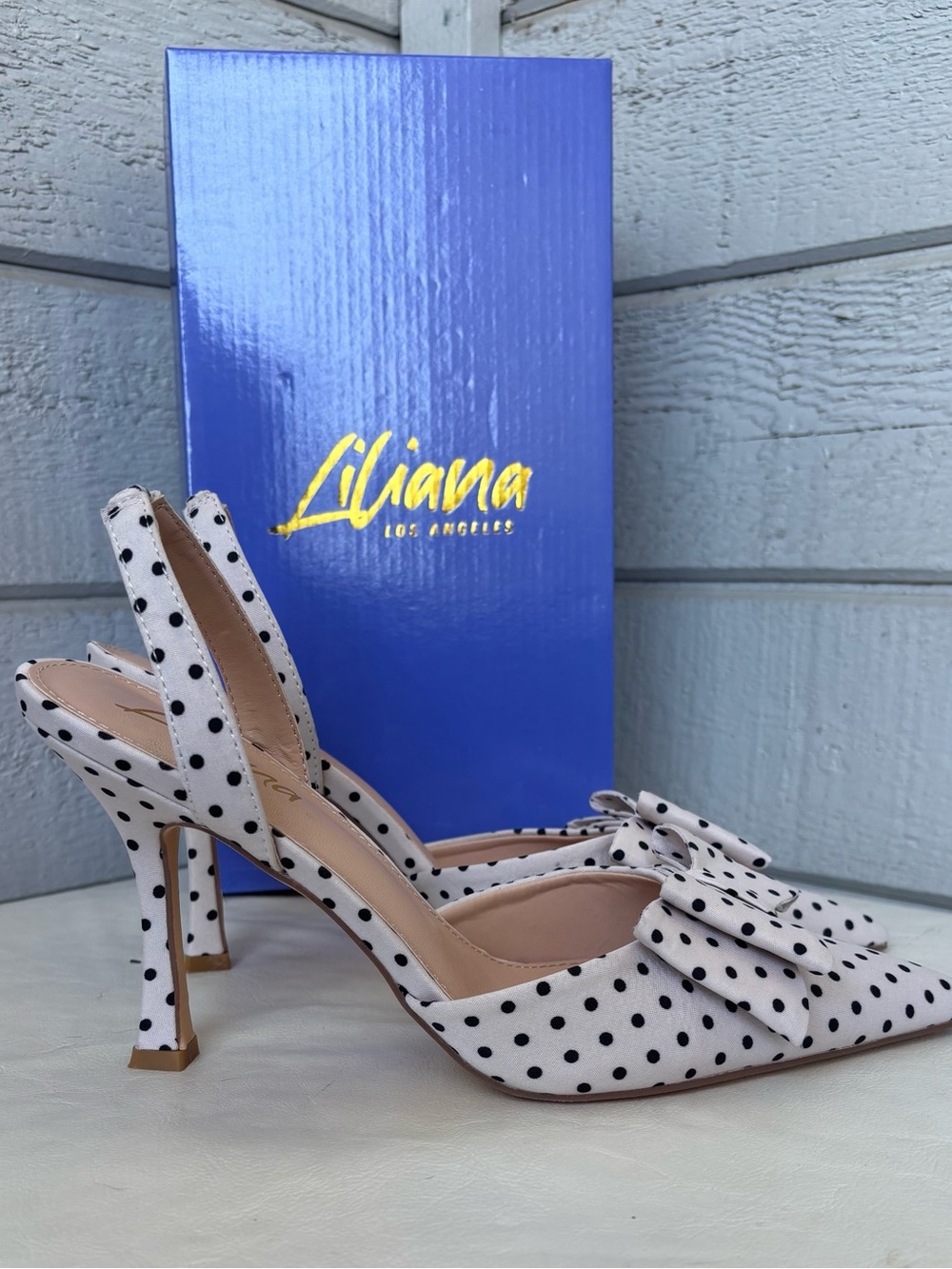 Liliana Black Polka Dot IVORY Slingback Heels with Bow